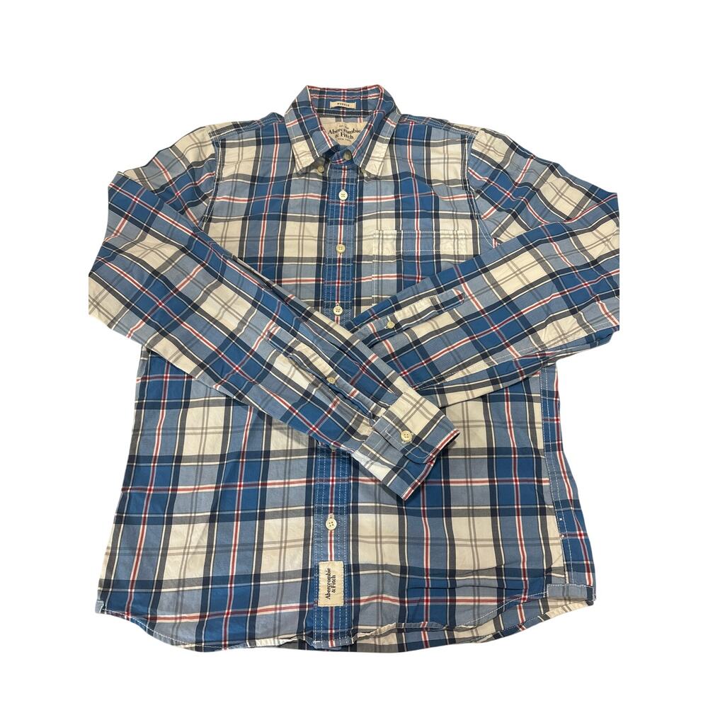 Abercrombie & Fitch Men's L blue red white plaid muscle fit button-down shirt